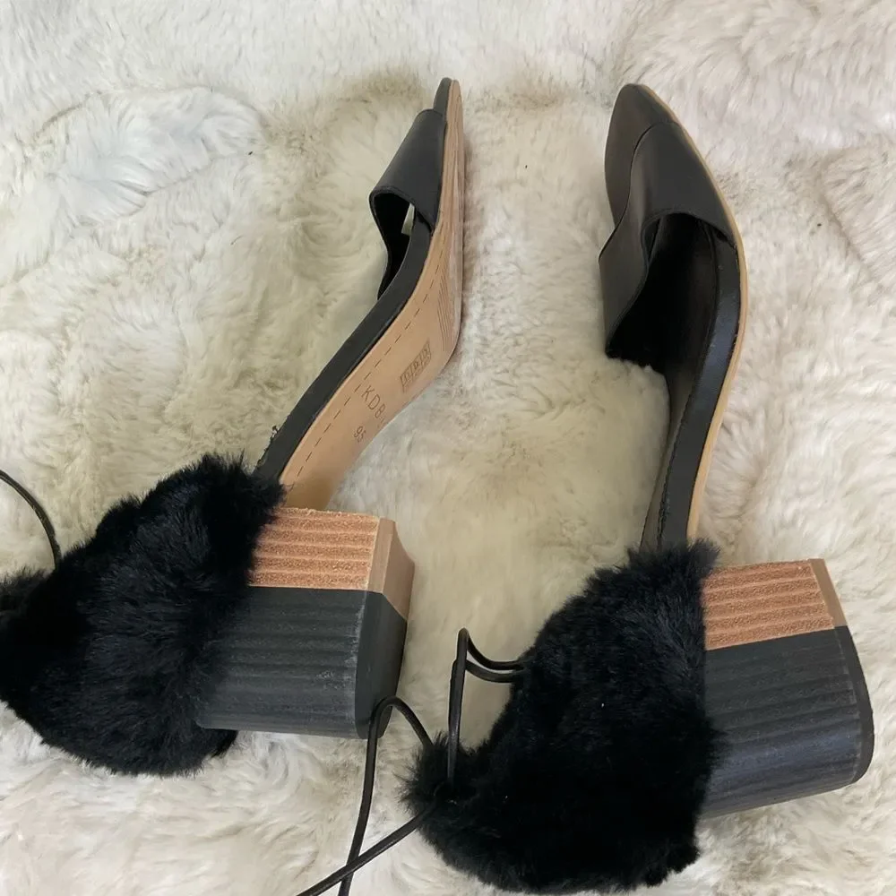 NEW Kelsi Dagger Brooklyn Black Sam Genuine Leather Faux Fur Heel Sandals 9.5
